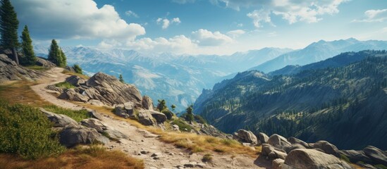 Hiking along a rugged mountain trail with a rocky terrain and a stunning scenic background with ample space for a copy image