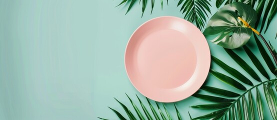 Minimal mockup background with pink plate and palm leaves on green pastel color,