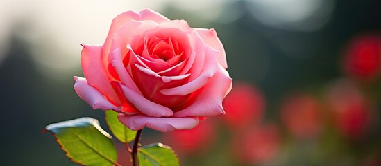 Close up image of a pink and red rose with copy space image