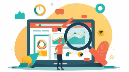 Obraz premium A search engine marketer conducts keyword research and bid optimizations to improve a company's visibility in online search results and drive website traffic.