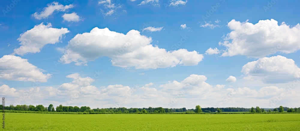 Sticker Scenic view of white clouds against a blue sky above a lush green field on a sunny day ideal for nature or landscape backgrounds with ample copy space image