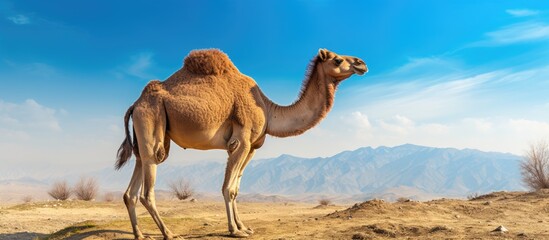 A photo featuring a large camel with brown fur basking in the Spring sun showcasing the distinctive humps on its back provides ample copy space image