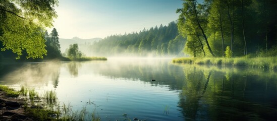 A serene morning scene with lush greenery reflecting in a tranquil forest lake creating a peaceful summer atmosphere for the copy space image