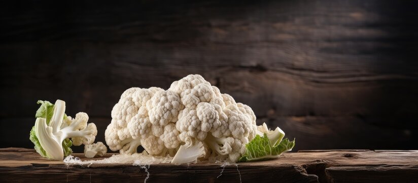 Wooden background with copy space image featuring fresh cauliflower