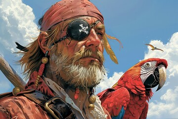 Comical Pirate with Eye Patch and Parrot on Shoulder, Ocean Scene with Sky Background for Text