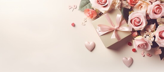 A romantic greeting card for Mother s Day birthday or wedding featuring a gift box adorned with roses hearts and pastel colors in a top view copy space image