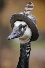 Portrait of a goose with a heat with feather