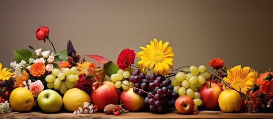 Background with flowers and fruits providing space for text or images. Copy space image. Place for adding text and design