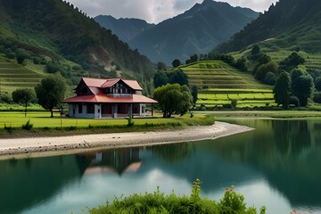 House over lake in the mountains
