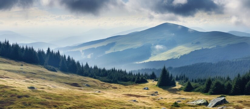 Scenic mountain slopes with forests meadows and cloudy skies on display in a view from the summit of Mount Hoverla featuring ample copy space image