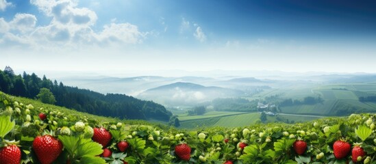 A sunny summer morning view shows a clear blue sky and lush green strawberry fields below in a bird s eye perspective with copy space image