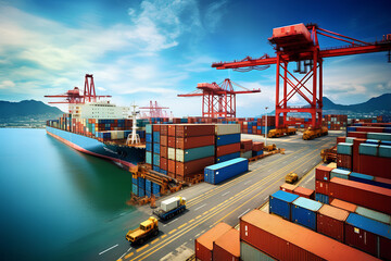 Container ships and cargo shipping ports, loading and unloading goods by crane forwarding international export import industry worldwide