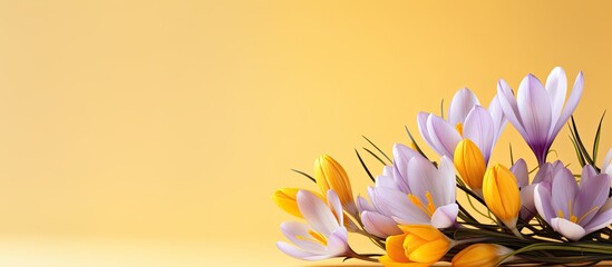 A spring bouquet featuring crocuses on a yellow background ideal as a feminine gift with copy space...