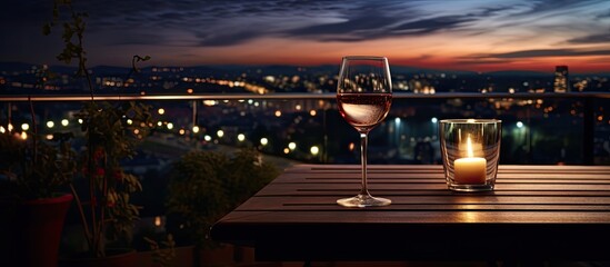 Hotel balcony with an empty wineglass on a dark wooden table overlooking an evening resort town The glass is highlighted by a spotlight with a copy space image of cars on the road