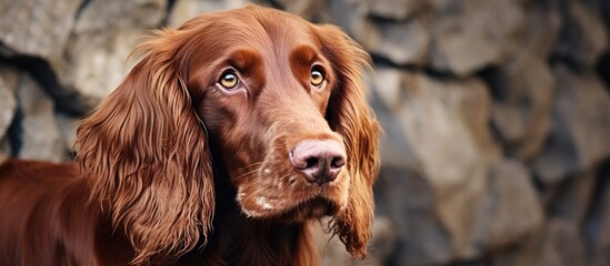 Charming image of a healthy old Irish setter male in a quarry with a beautiful background ideal for adding text or graphics a copy space image