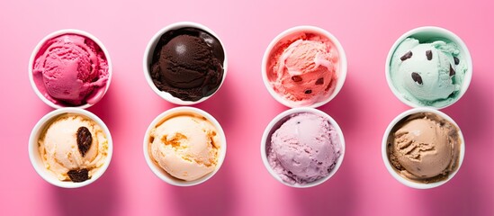 Top view of a collection of bowls filled with colorful ice cream scoops in various flavors and fresh ingredients on a pink background with copy space image