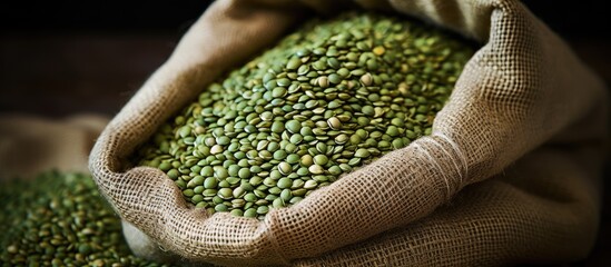 An image of green lentils in a sack. Copy space image. Place for adding text and design