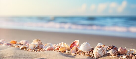 Seashells scattered along the sandy seashore with the potential for a beautiful background in a picture with copy space image