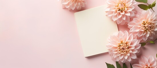 Top view of delicate pink dahlia flowers with notepad as copy space image on pastel background creating a romantic floral design template