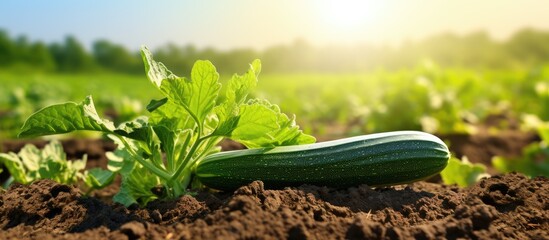 Zucchini grows on a patch of land with copy space image