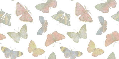 Abstract watercolor pattern, butterflies endless ornament, background for design, seamless pattern of bright flying butterflies, colorful hand drawn illustration for wallpaper, packaging and print