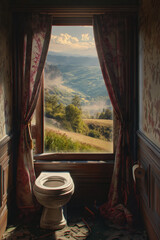 interior of an old mansion, a toilet at an open window overlooking rolling hills, curtains, beautiful valley background, photorealistic // ai-generated 