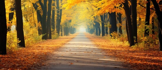 A forest road in autumn with yellow leaves scattered across the path and green grass growing on the sides perfect for a copy space image