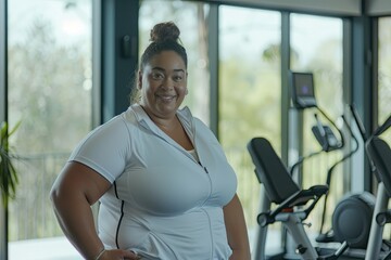 A large young woman in the fitness room. The concept of a healthy lifestyle.
