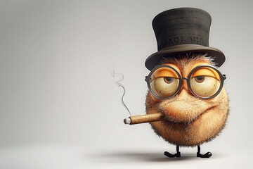 Funny Character with Glasses and a Bowler Hat Smoking a Cigar on a White Background, Ideal for Text Placement