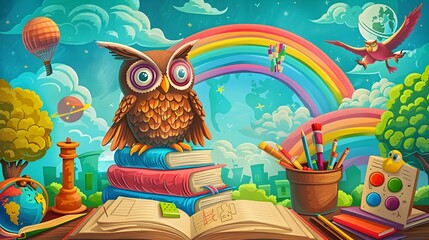 Fototapeta premium Whimsical Owl Perched on Books in Colorful Fantasy Landscape with Rainbow