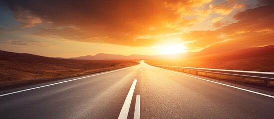 Long empty mountain road under a bright sunset on a sunny summer day with a speed motion blur effect ideal for a copy space image