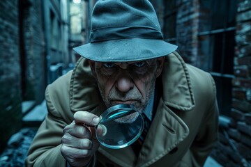 Funny Detective in Trench Coat Holding Magnifying Glass, Dark Alley Background, Space for Text