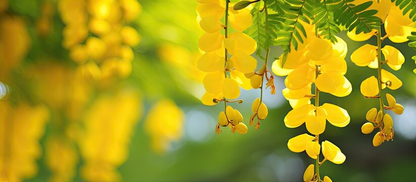 Golden shower also known as Cassia fistula is a beautiful yellow flower with various names like purging cassia Indian laburnum or pudding pipe tree perfect for a copy space image