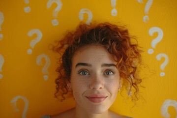 Young girl with question mark on a yellow background, generative AI