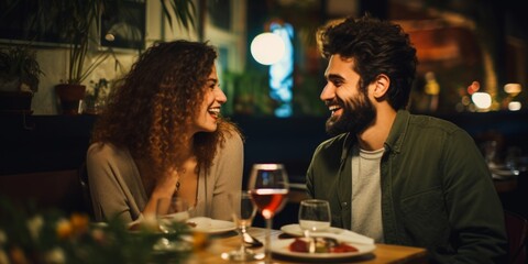 A beautiful couple in love spends time together in a restaurant. Generative AI.