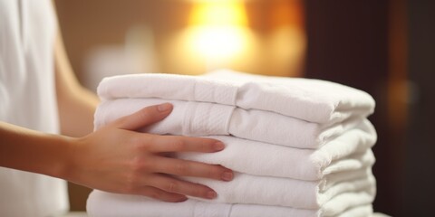 A woman holds a pile of folded towels in a hotel room. Generative AI.