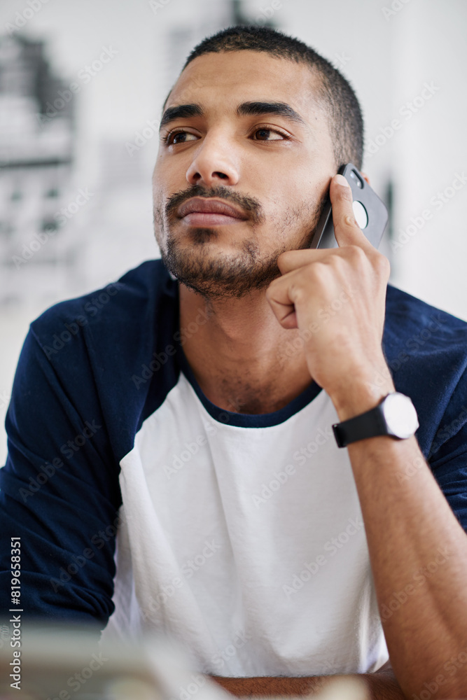 Poster businessman, phone call and listen with communication in office for networking, conversation and cha