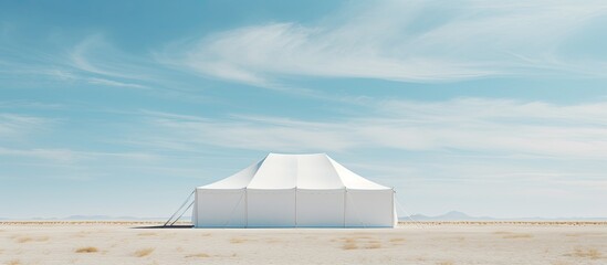 A white events tent sits in a sandy field under the sunny summer sky providing a perfect backdrop for a copy space image