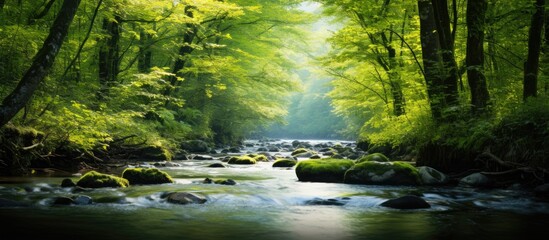 Forest river featuring soft flowing water captured with a slow shutter speed in the woods ideal for a copy space image