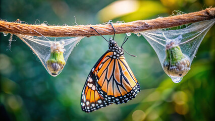 Detailed image of a butterfly cocoon hanging from a branch, with its silk threads visible