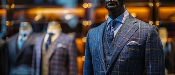 Fototapeta premium Elegant display of tailored suits on mannequins in a stylish boutique, showcasing luxury fashion and formal menswear in a sophisticated setting.