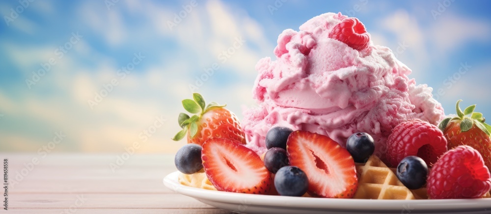 Canvas Prints A serving of mixed fruit and strawberry ice cream atop a waffle with a blurred background perfect for a copy space image