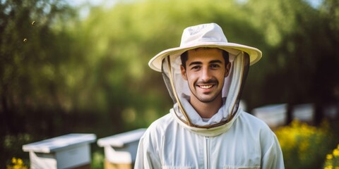 Portrait of a happy beekeeper in his area with hives. Generative AI.