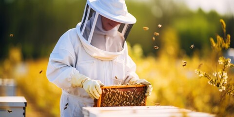 Portrait of a happy beekeeper in his area with hives. Generative AI.