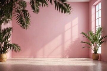Fototapeta premium Abstract gradient pink studio background for product presentation. Empty room with shadows of window and flowers and palm leaves . 3d room with copy space. Summer concert. Blurred backdrop.