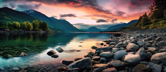 A stunning Norwegian summer landscape at a fjord beach during a vibrant sundown dusk perfect for a scenic copy space image