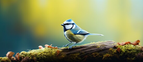 Naklejka premium A Cyanistes caeruleus commonly known as a blue tit perched in its natural habitat against a blurred background perfect as a copy space image