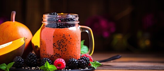 Close up of a berry smoothie with pumpkin and chia seeds in a glass jar on a rustic wood background with selective focus for a copy space image conveying a concept of detox diet well being and weight - Powered by Adobe