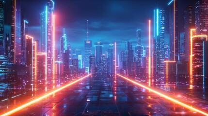 Futuristic cityscape with glowing neon lights and Pride elements around the edges, central area left blank for text