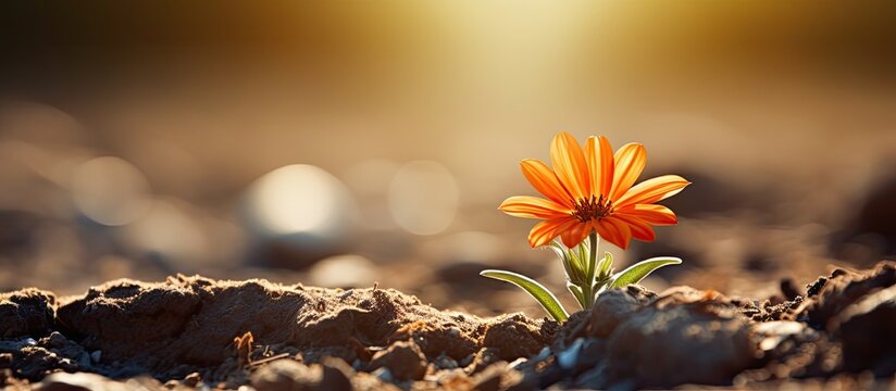 Close up image of an orange dhak flower on the ground with daylight illumination and ample copy space image